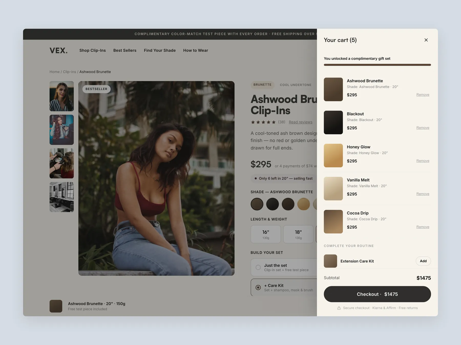 VEXHair concept redesign: Bag slide over open over the product page, whole screen