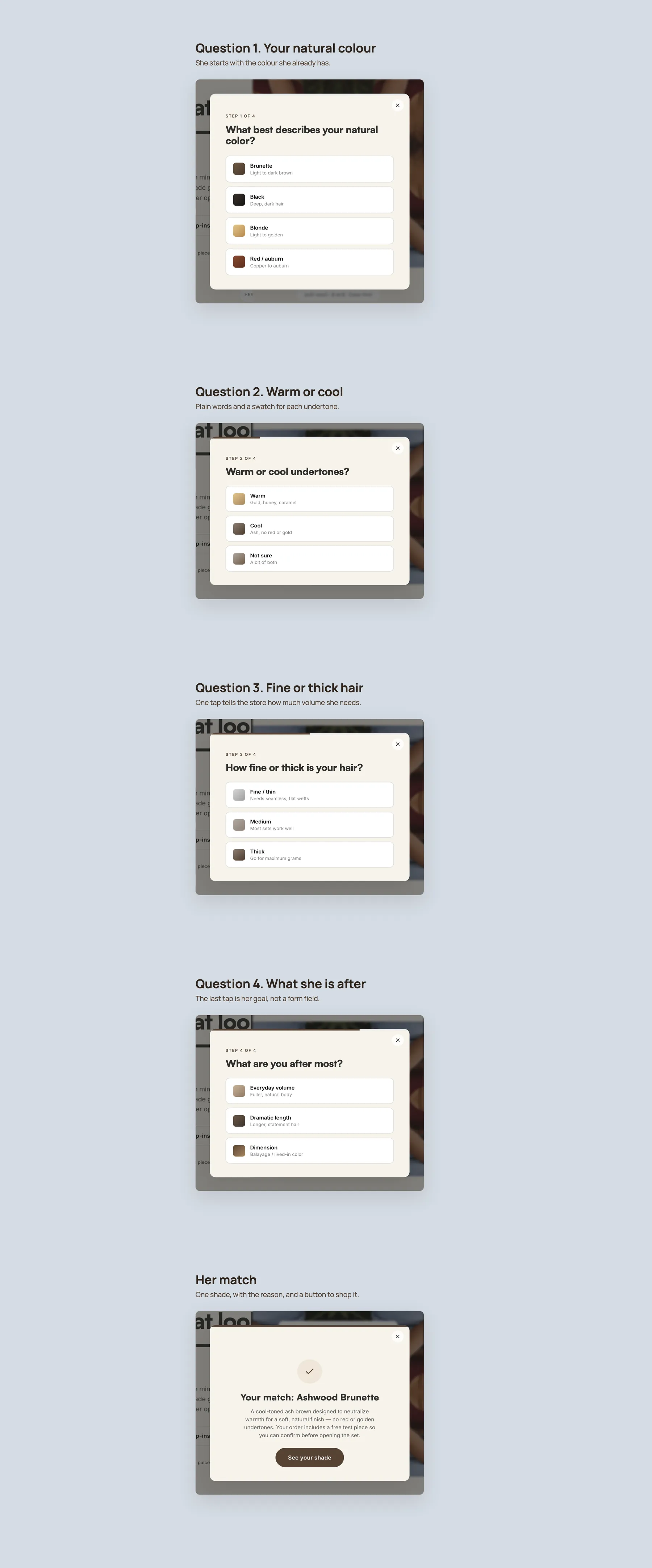 VEXHair concept redesign: Find your shade quiz, step by step