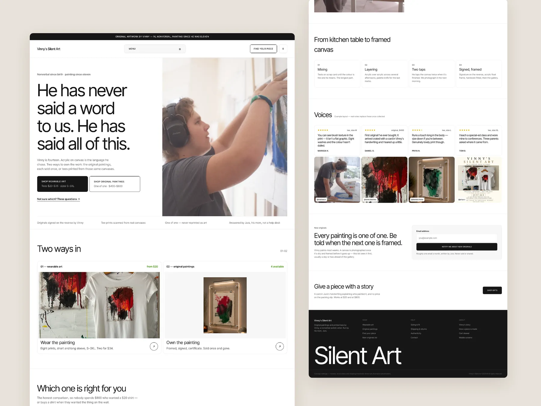Vinny's Silent Art concept redesign: Homepage, two tall columns