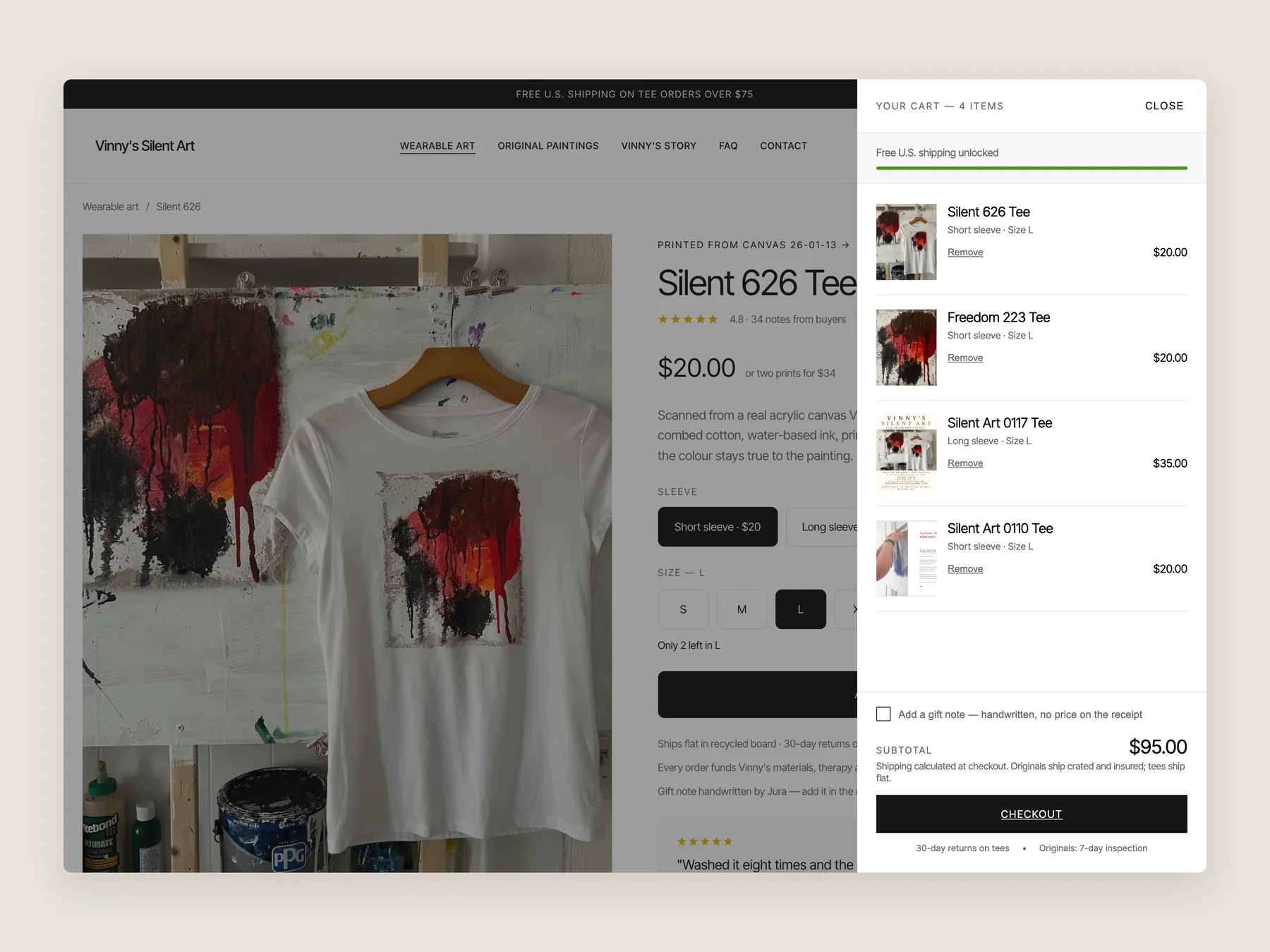 Vinny's Silent Art concept redesign: Bag slide over open over the product page, whole screen