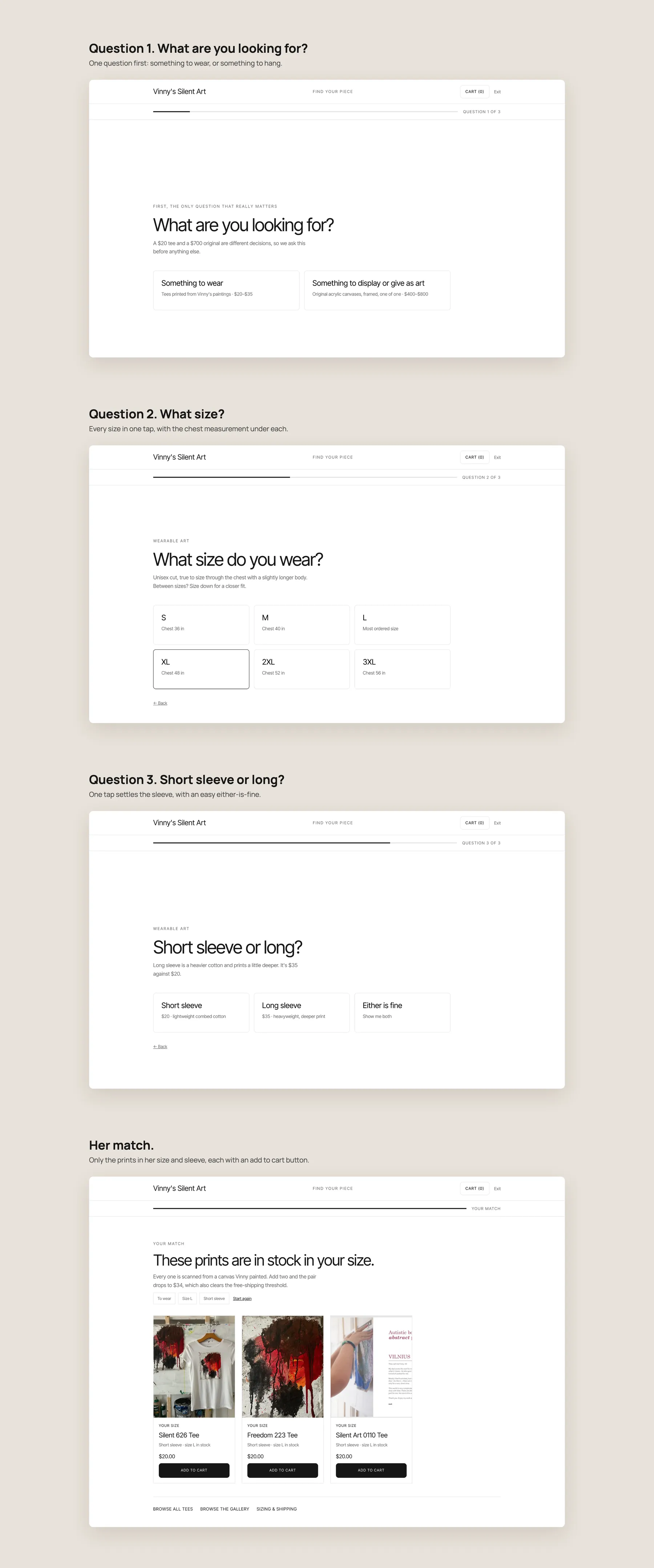 Vinny's Silent Art concept redesign: Find Your Piece quiz, step by step