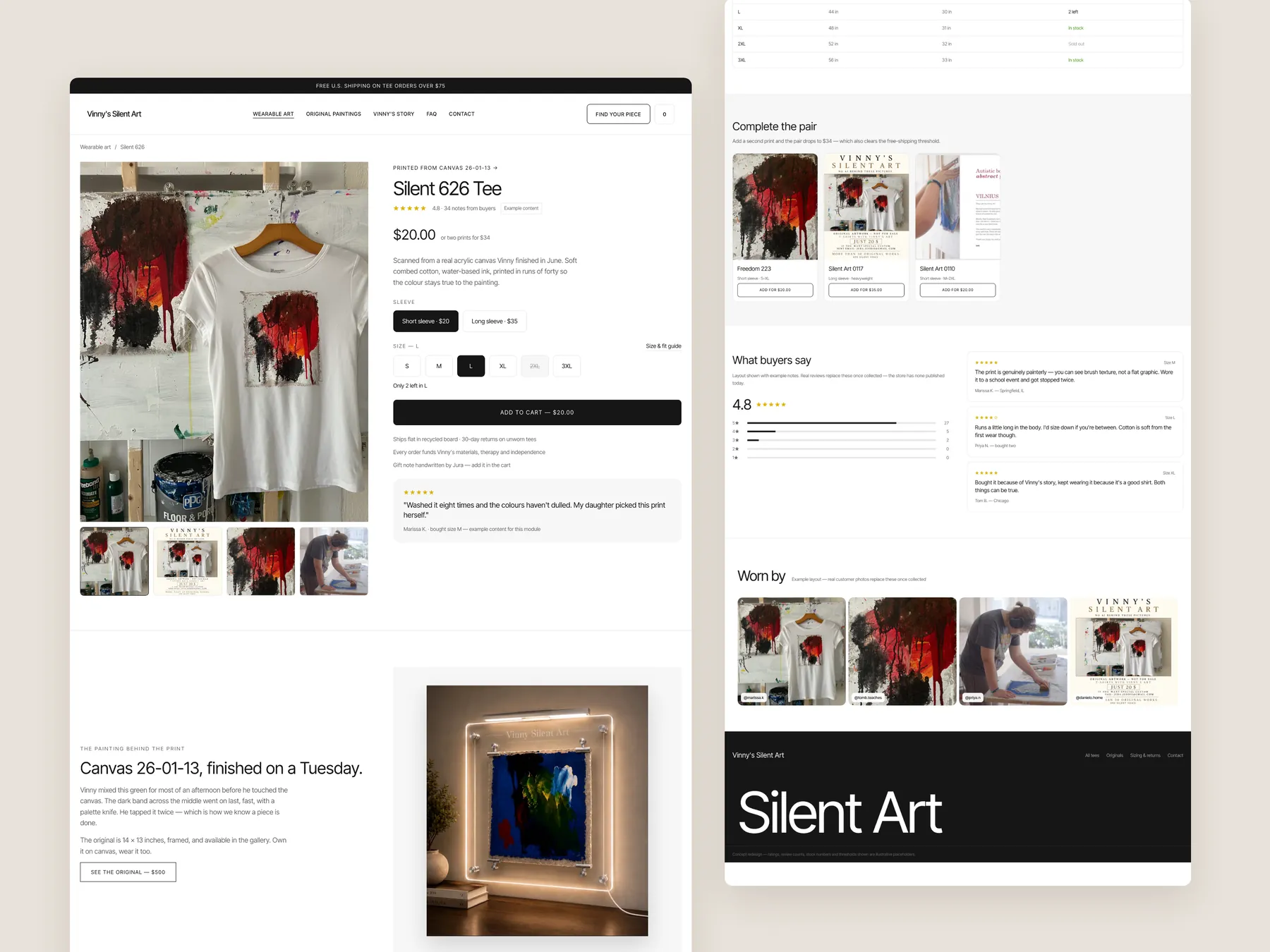 Vinny's Silent Art concept redesign: Product page, two tall columns