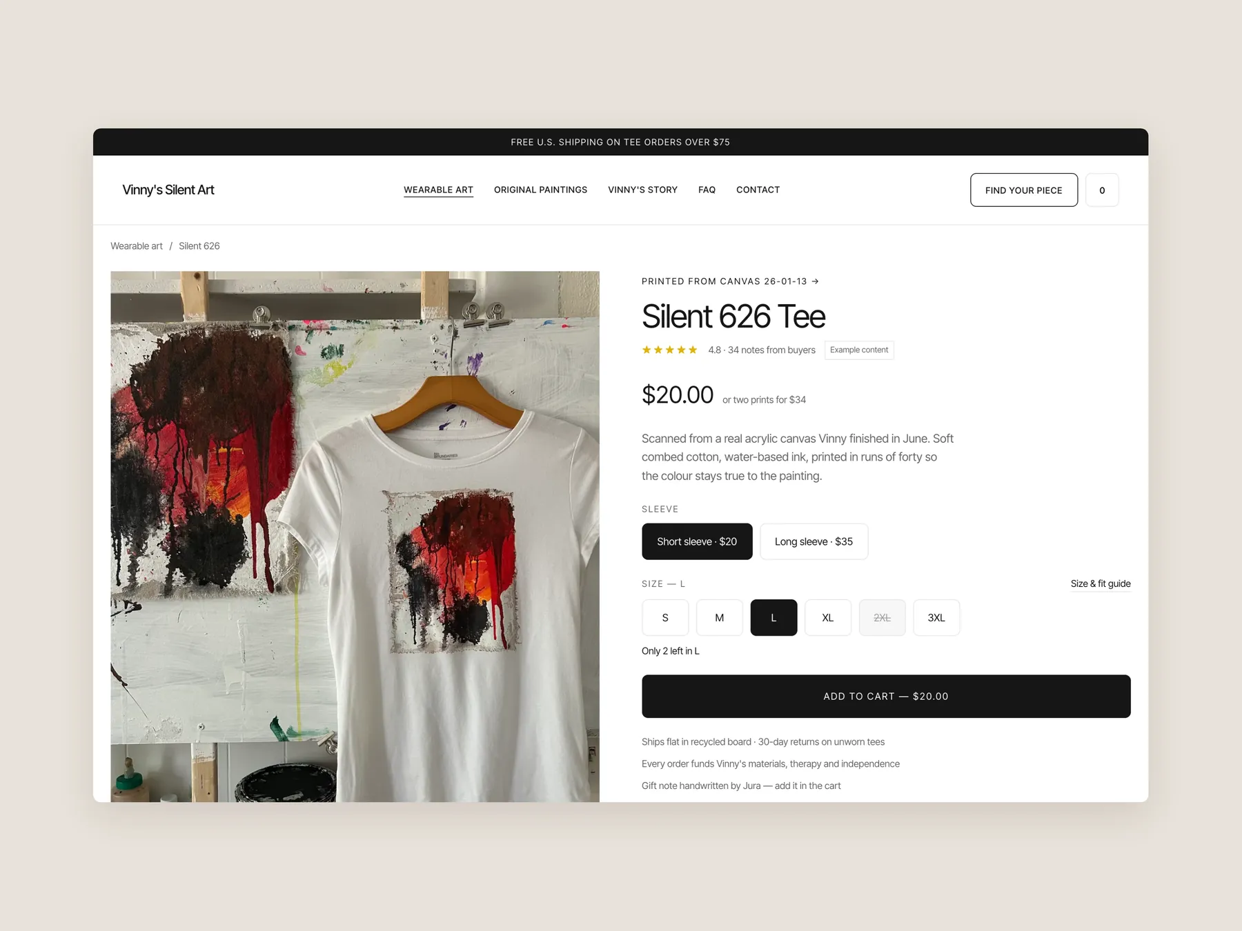 Vinny's Silent Art concept redesign: Product page first screen: header and buy box