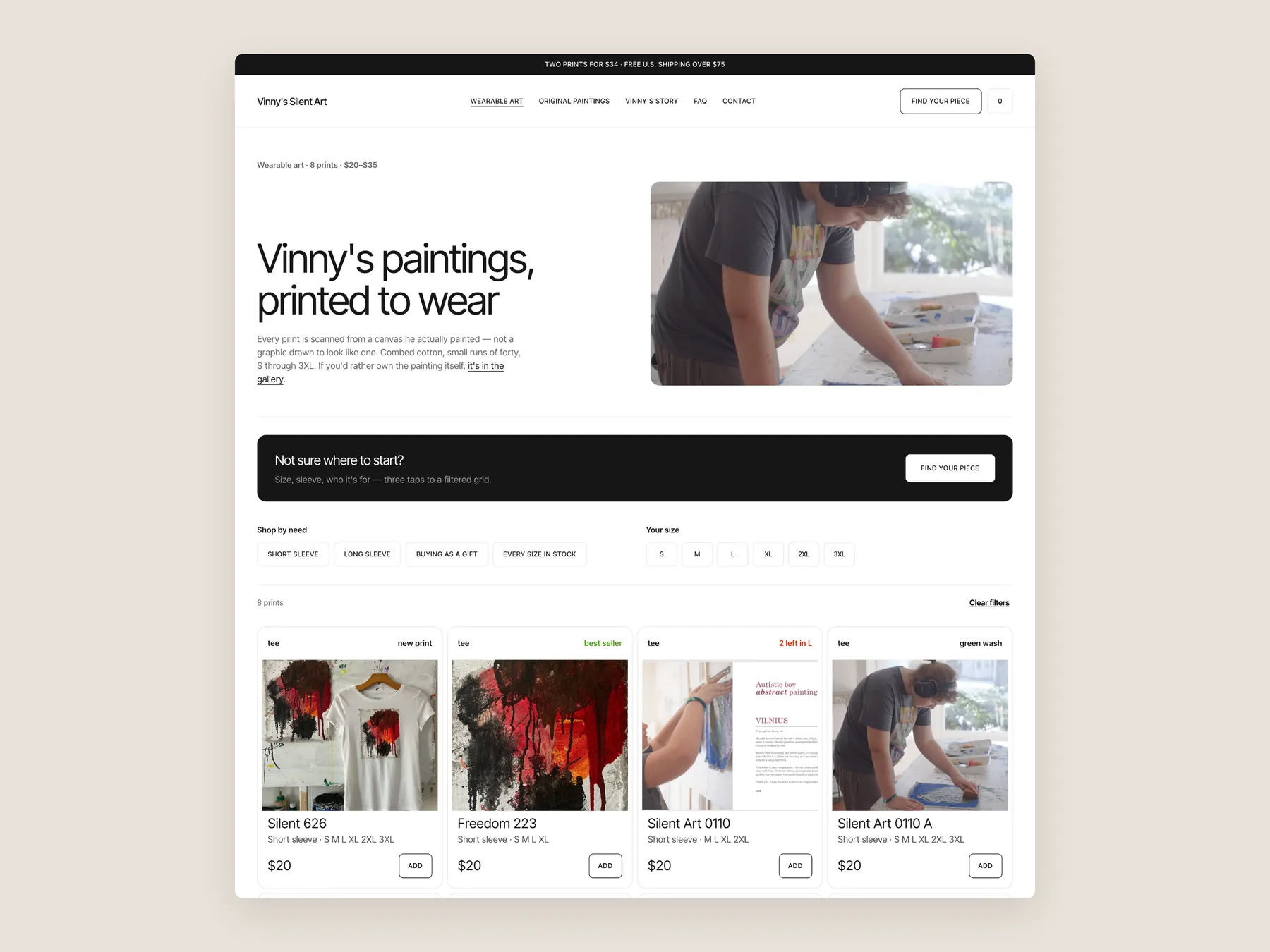 Vinny's Silent Art concept redesign: Collection page first screen: header, filters, first row