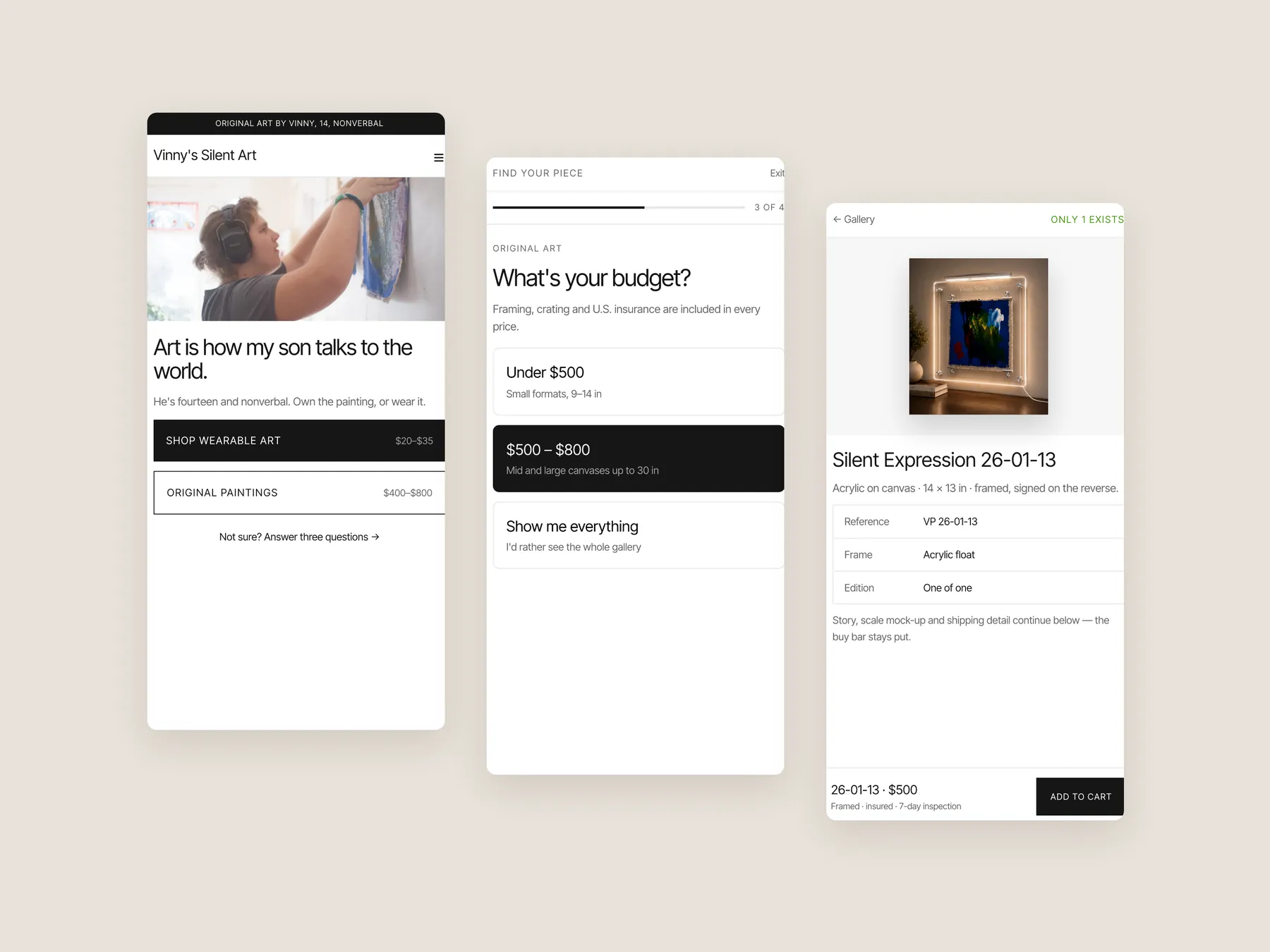 Vinny's Silent Art concept redesign: Three phone screens: home, quiz, painting
