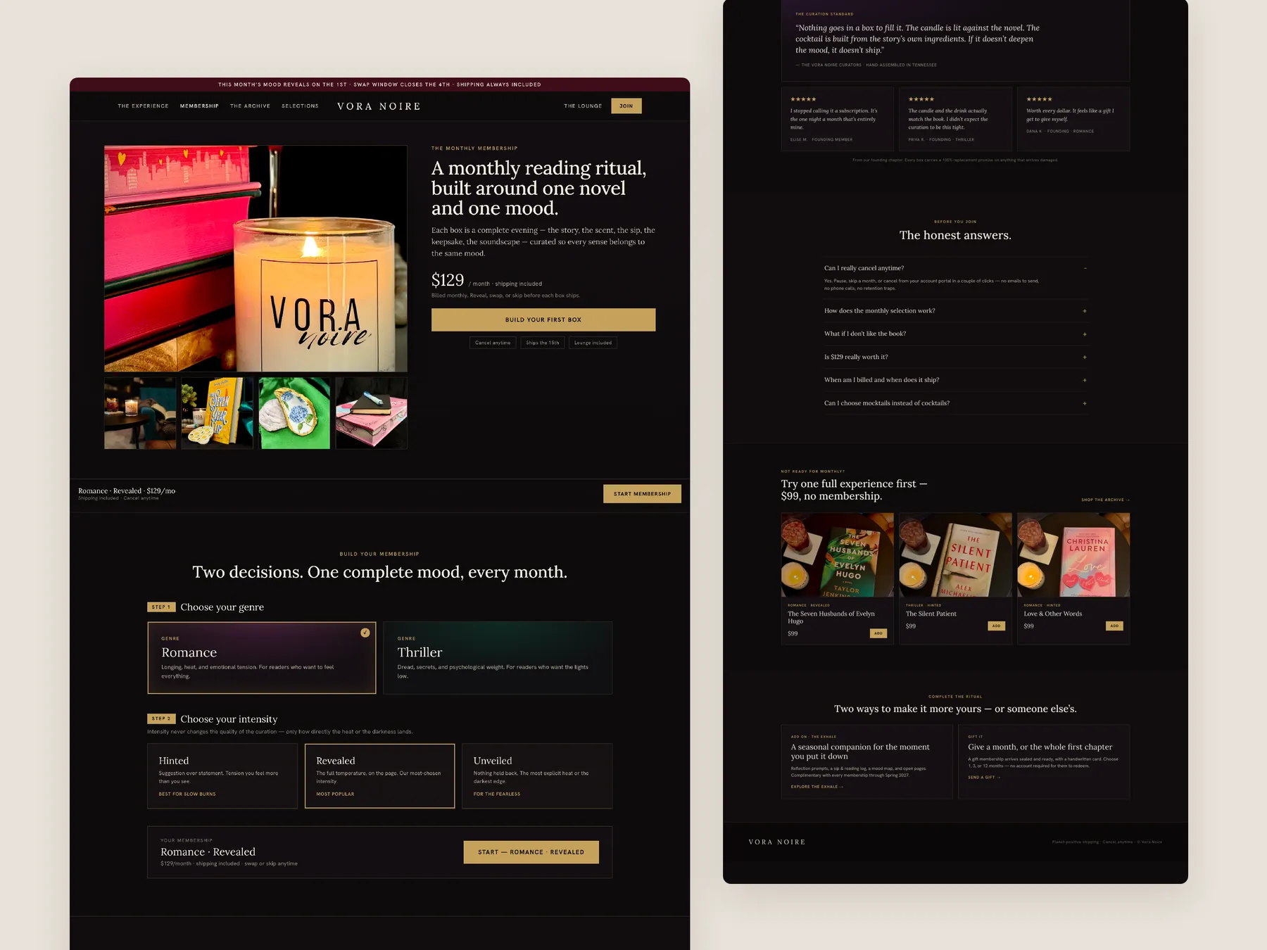Vora Noir concept redesign: Membership page, two tall columns