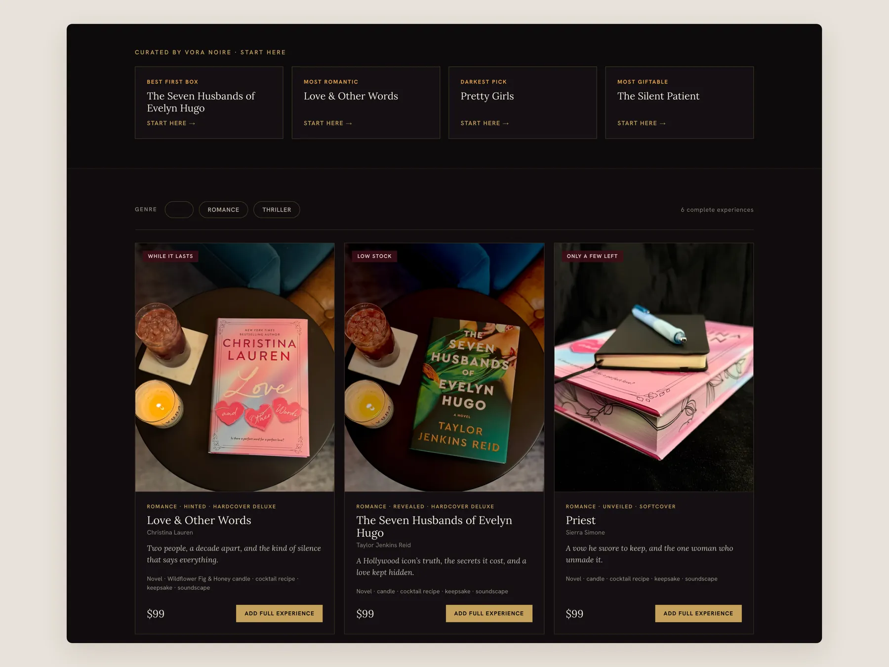 Vora Noir concept redesign: Archive collection: filters and first row