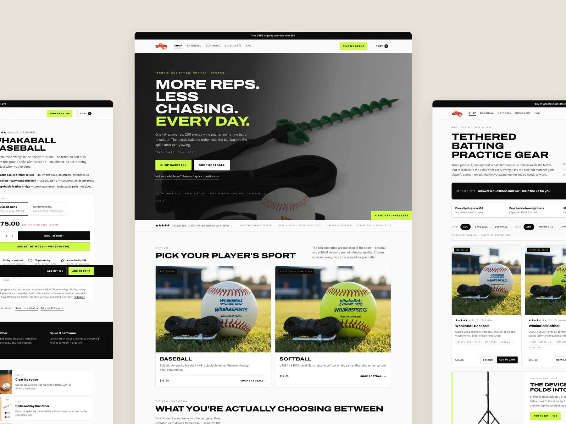 WhakaSports concept redesign: Homepage centre, product left, collection right