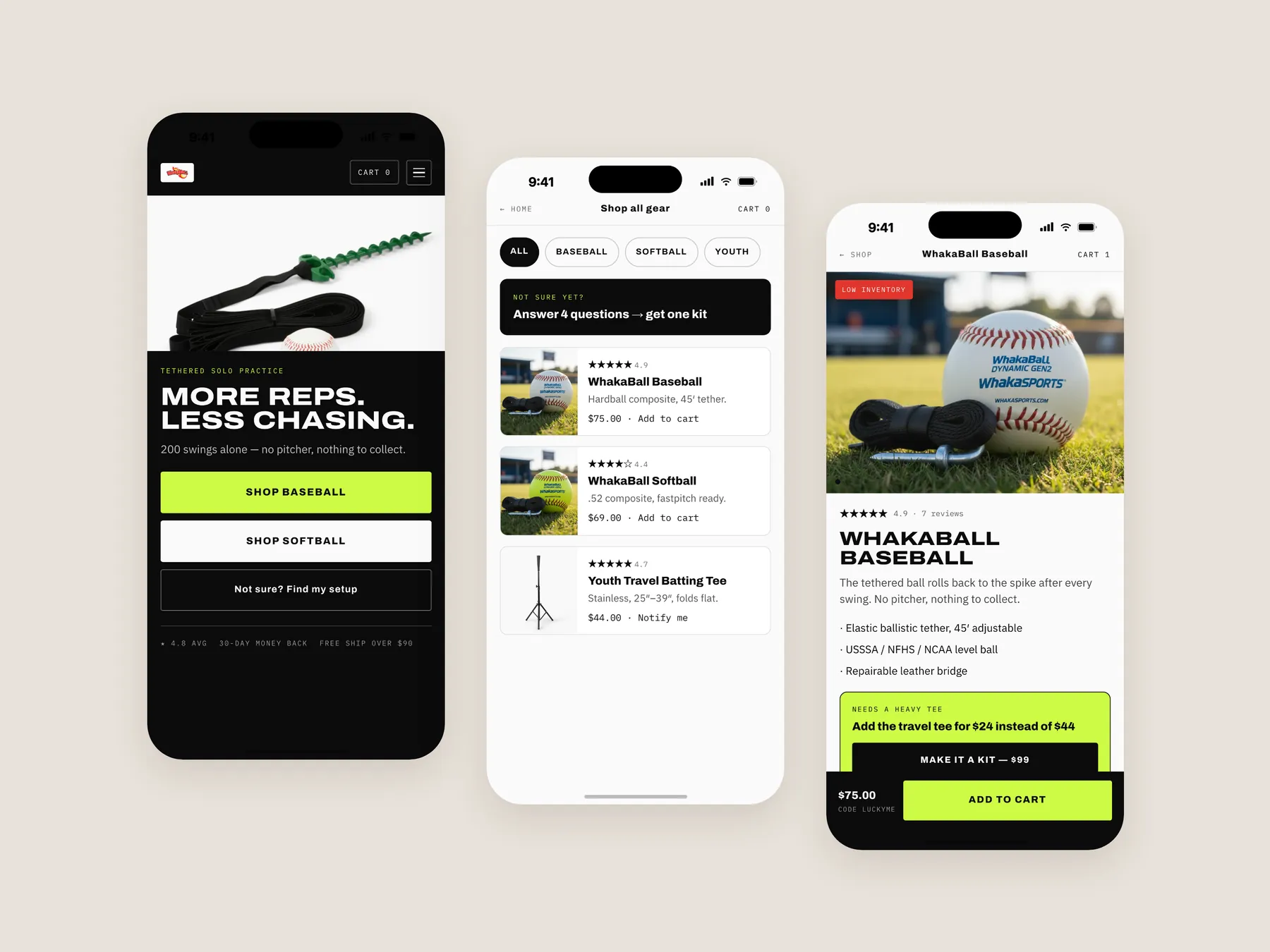 WhakaSports concept redesign: Three phone screens: home, collection, product
