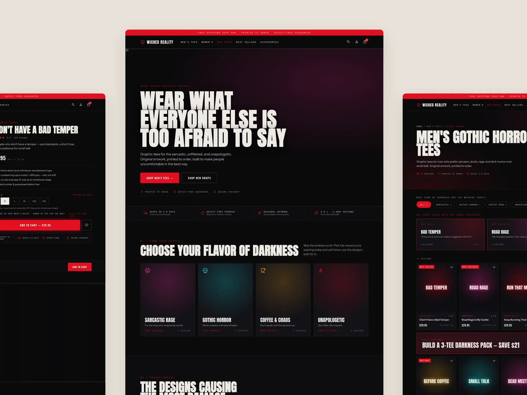 Wicked Reality concept redesign: Homepage centre, product left, collection right