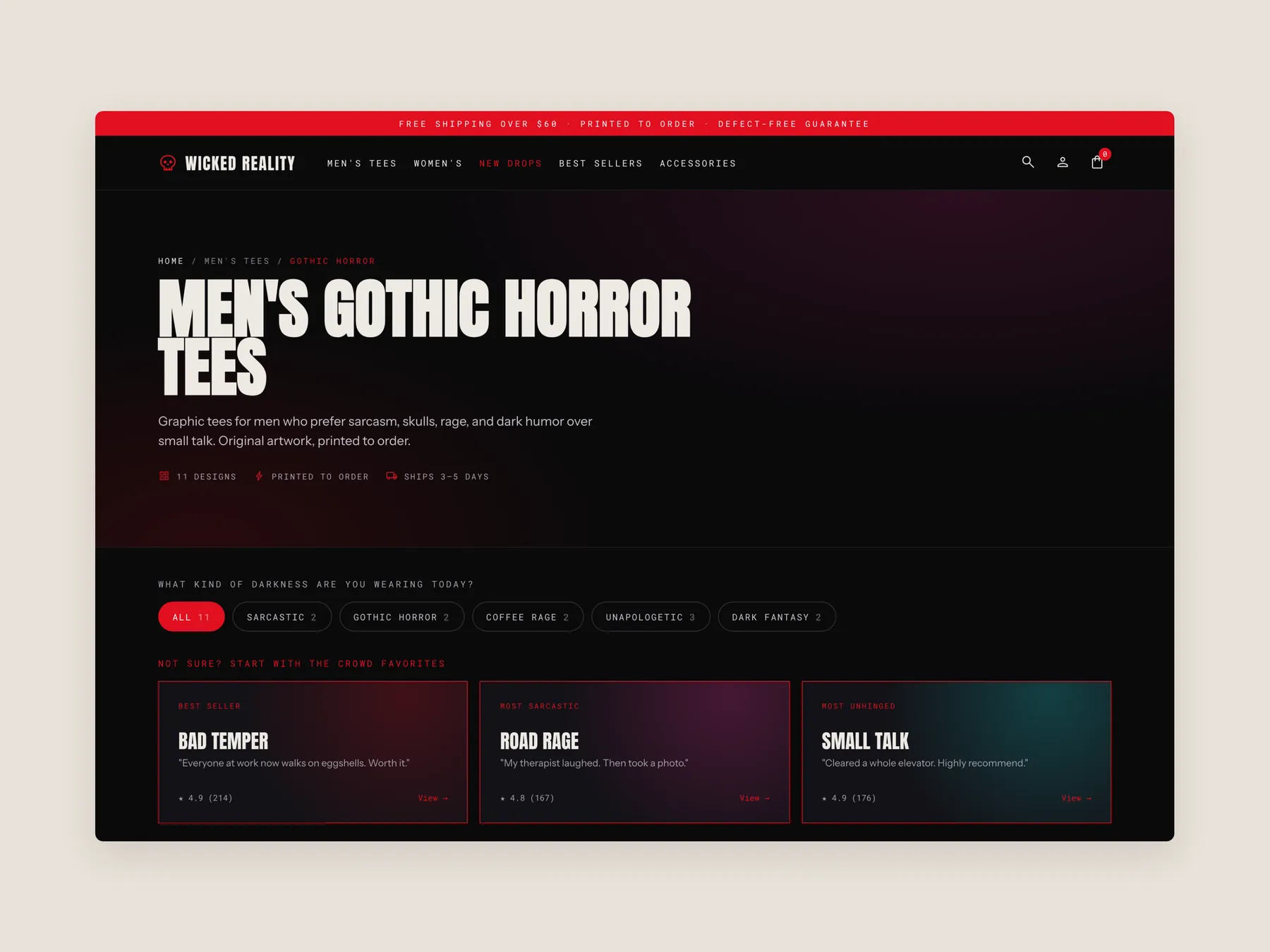 Wicked Reality concept redesign: Collection page first screen: header, mood filters, favourites