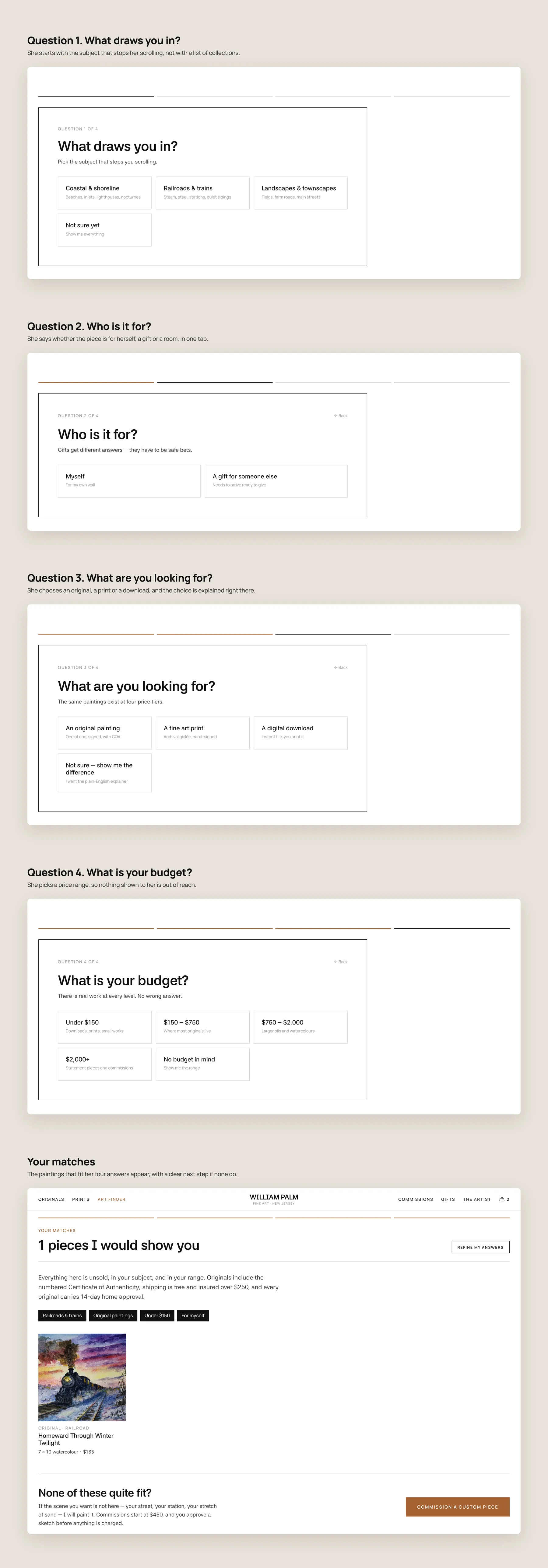 William J. Palm concept redesign: Art Finder quiz, step by step