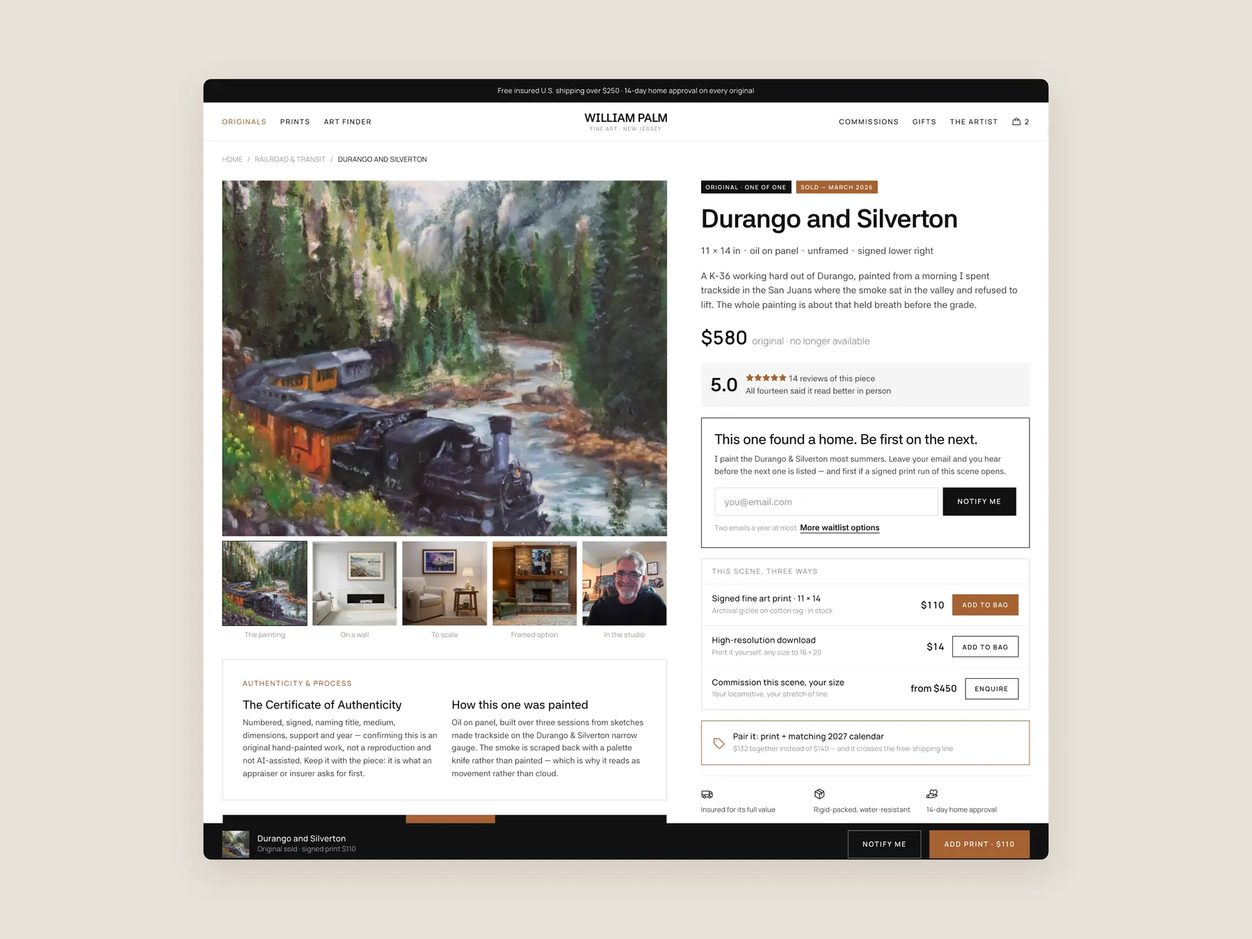 William J. Palm concept redesign: Product page first screen: header and buy box