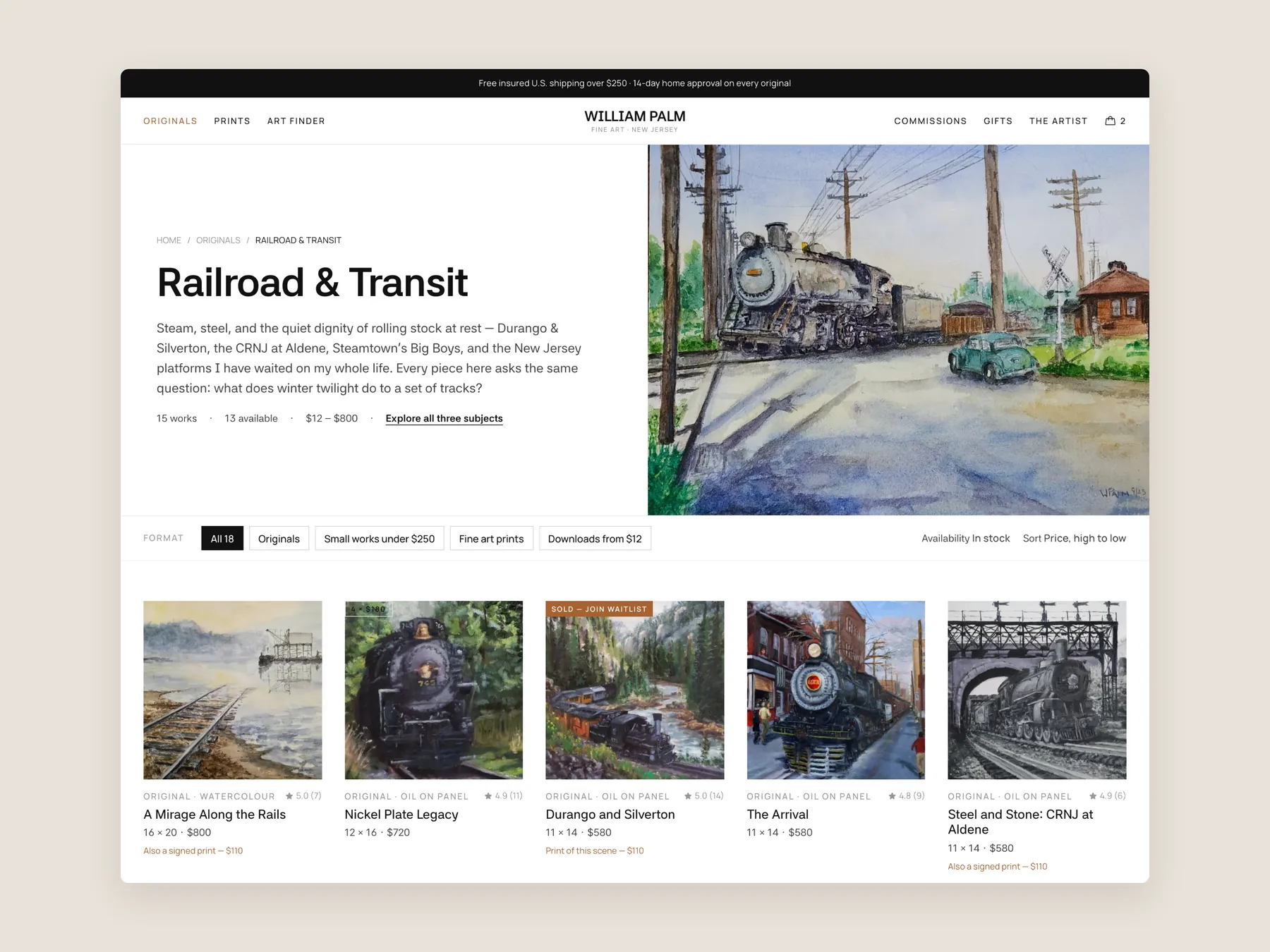 William J. Palm concept redesign: Collection page first screen: header, filters, first row