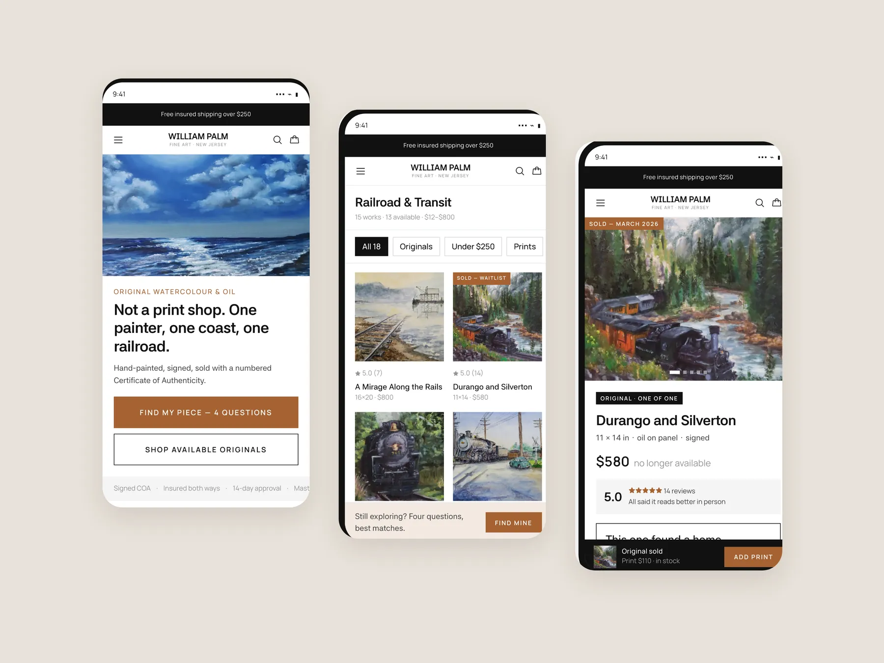 William J. Palm concept redesign: Three phone screens: home, collection, product