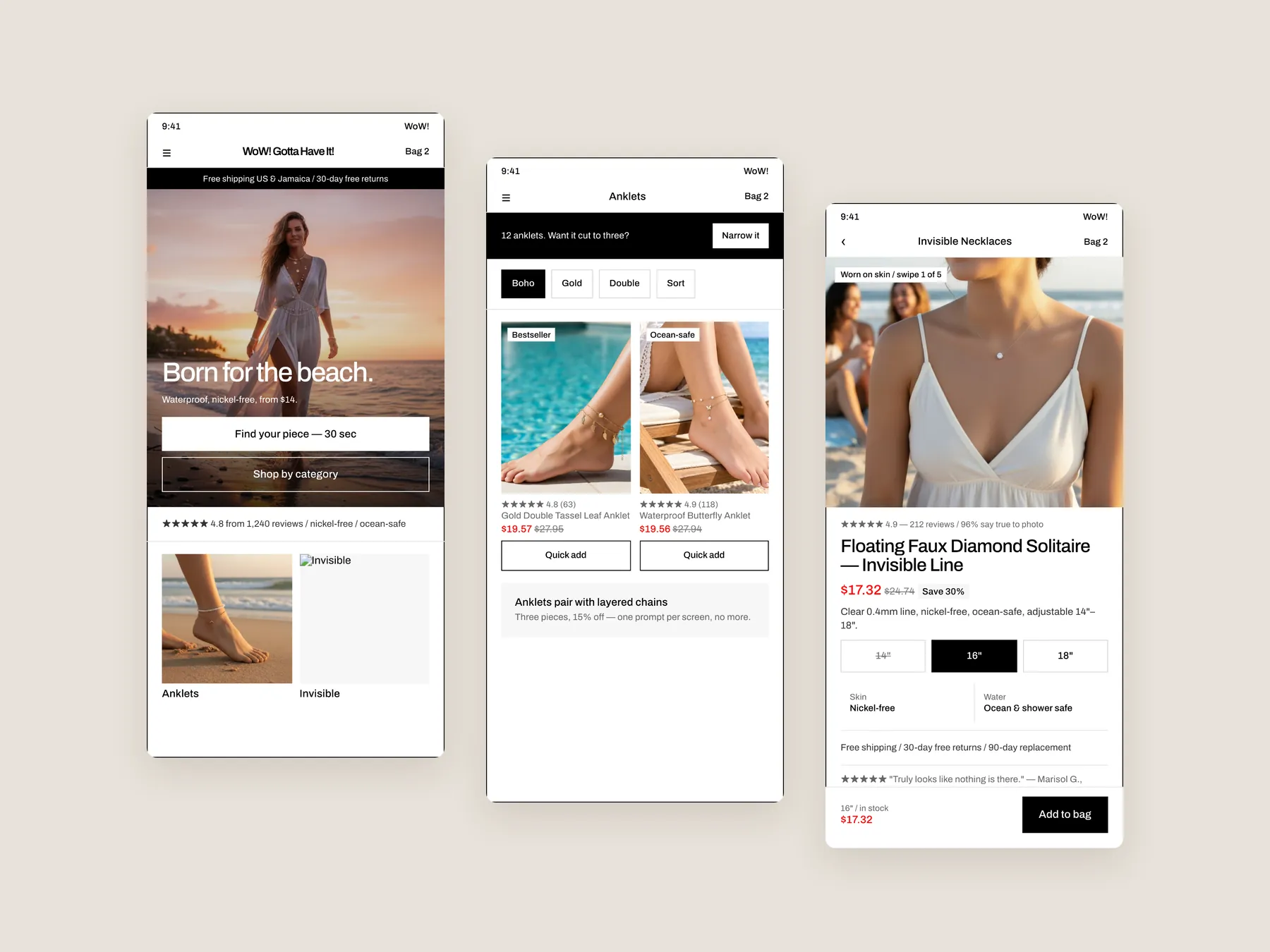 WoW! Gotta Have It! concept redesign: Three phone screens: home, collection, product