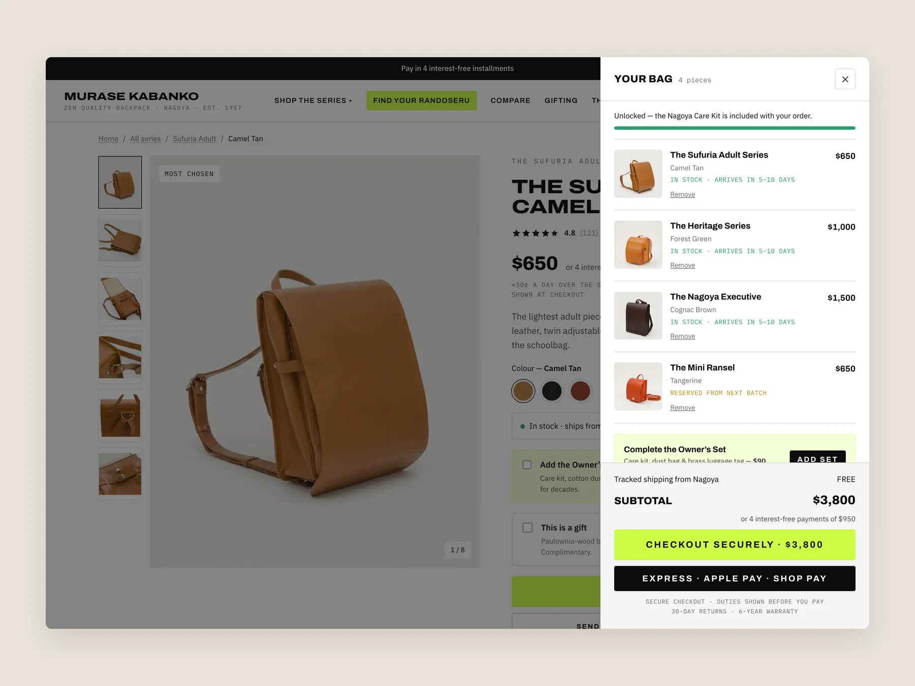 Zen Quality Backpacks concept redesign: Bag slide over open over the product page, whole screen