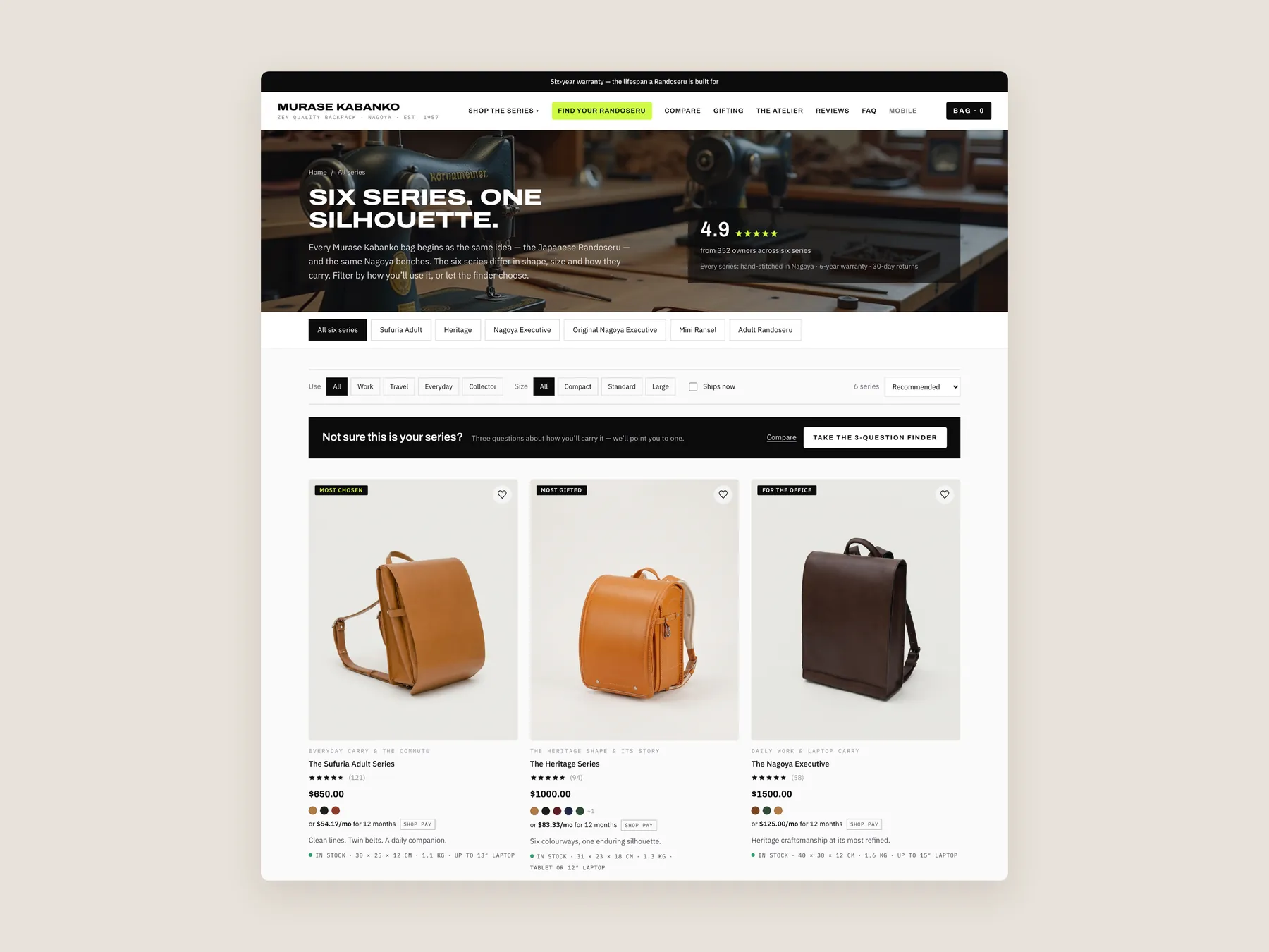Zen Quality Backpacks concept redesign: Collection page first screen: header, filters, first row