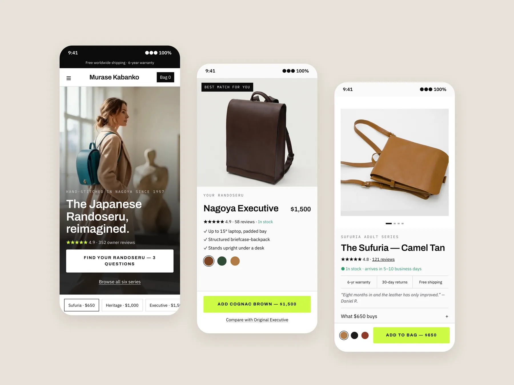 Zen Quality Backpacks concept redesign: Three phone screens: home, finder result, product